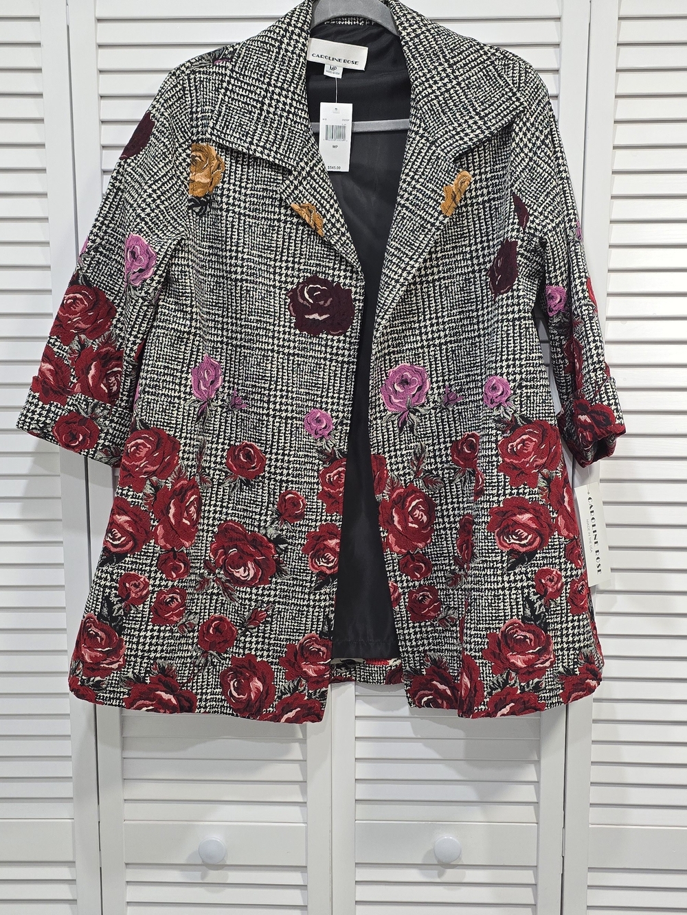 Caroline Rose Black & White Houndstooth Blazer with Red Rose Embroidery